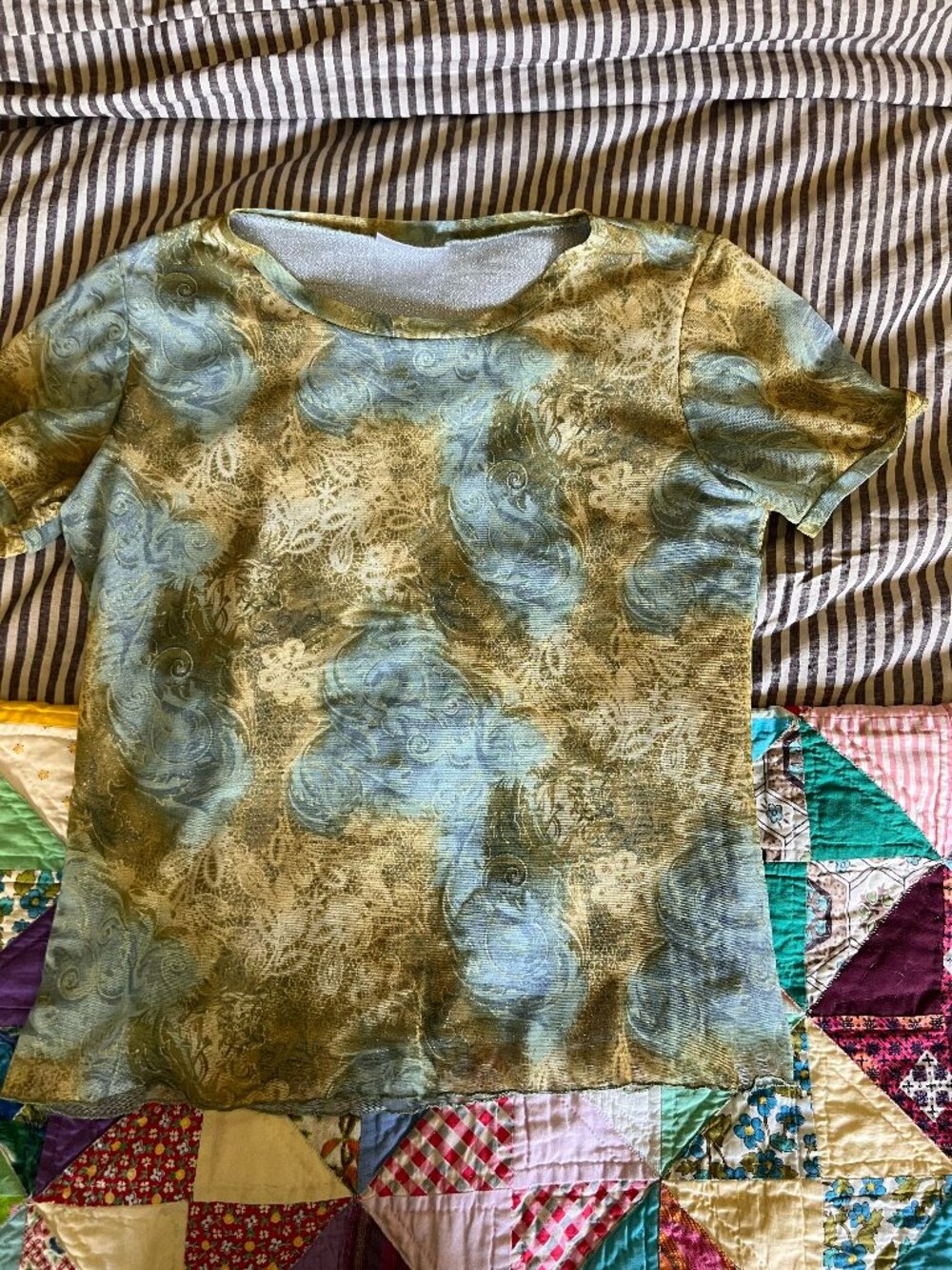 Vintage Y2K Sheer Mesh Floral Paisley Print Stretch Top Blue Brown Size Size M